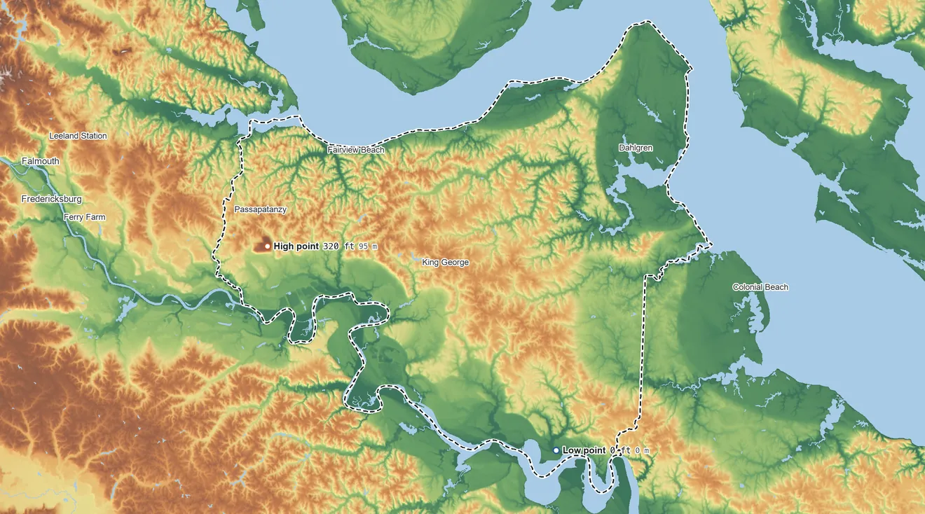 Topographic elevation map of King George County, Virginia, shaded from sea level on Nanzatico Bay to 320 ft on the west side