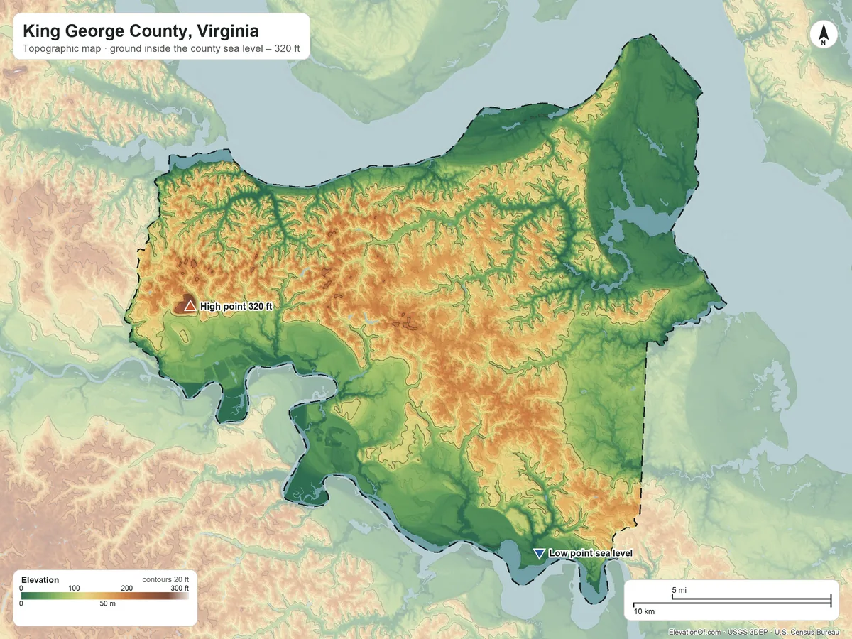 Topographic elevation map of King George County, Virginia, shaded from sea level on Nanzatico Bay to 320 ft on the west side
