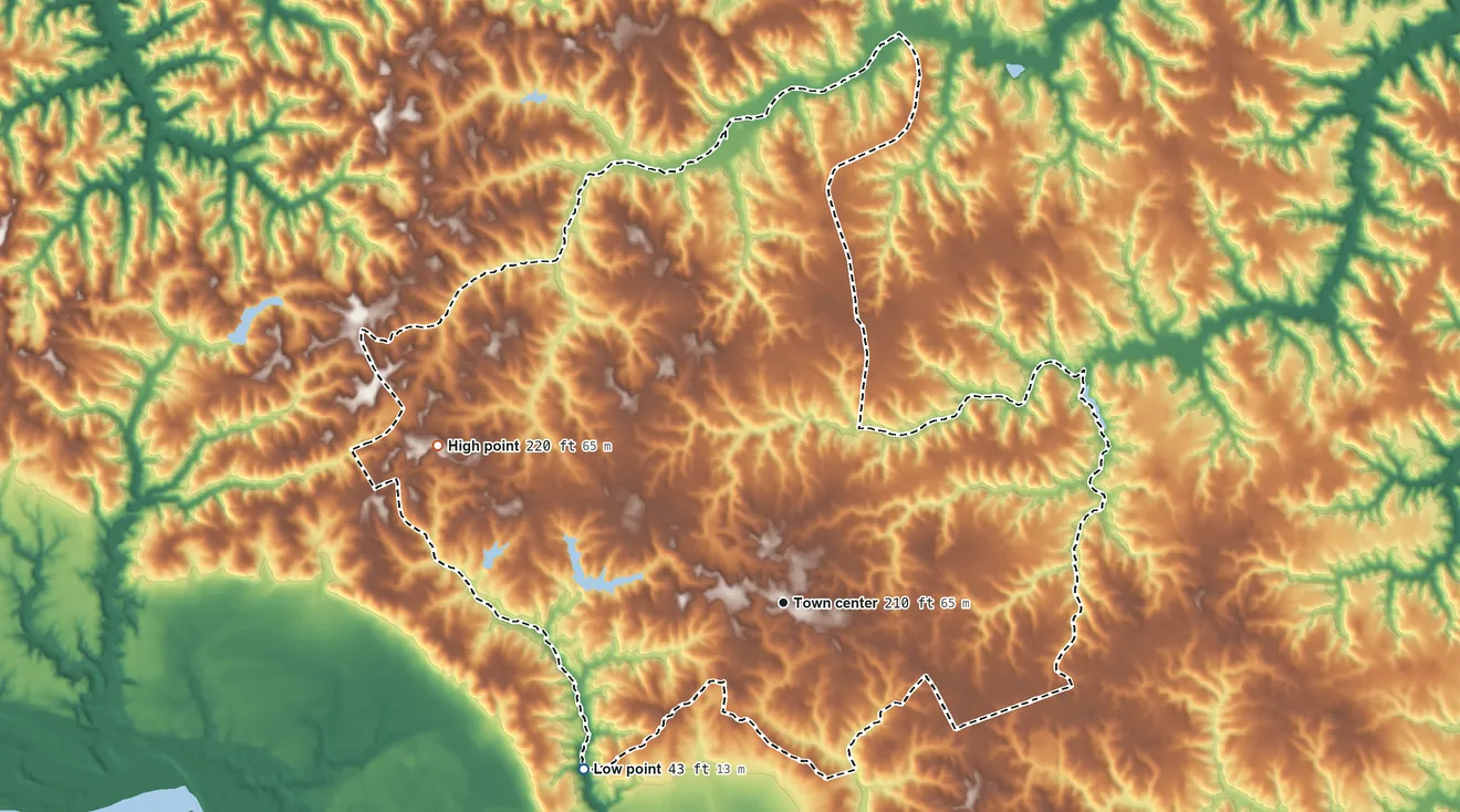 Topographic elevation map of King George, Virginia, shaded from 43 ft on the southwest side to 220 ft on the northwest side