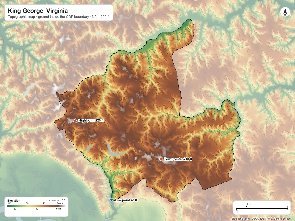 Topographic elevation map of King George, Virginia, shaded from 43 ft on the southwest side to 220 ft on the northwest side