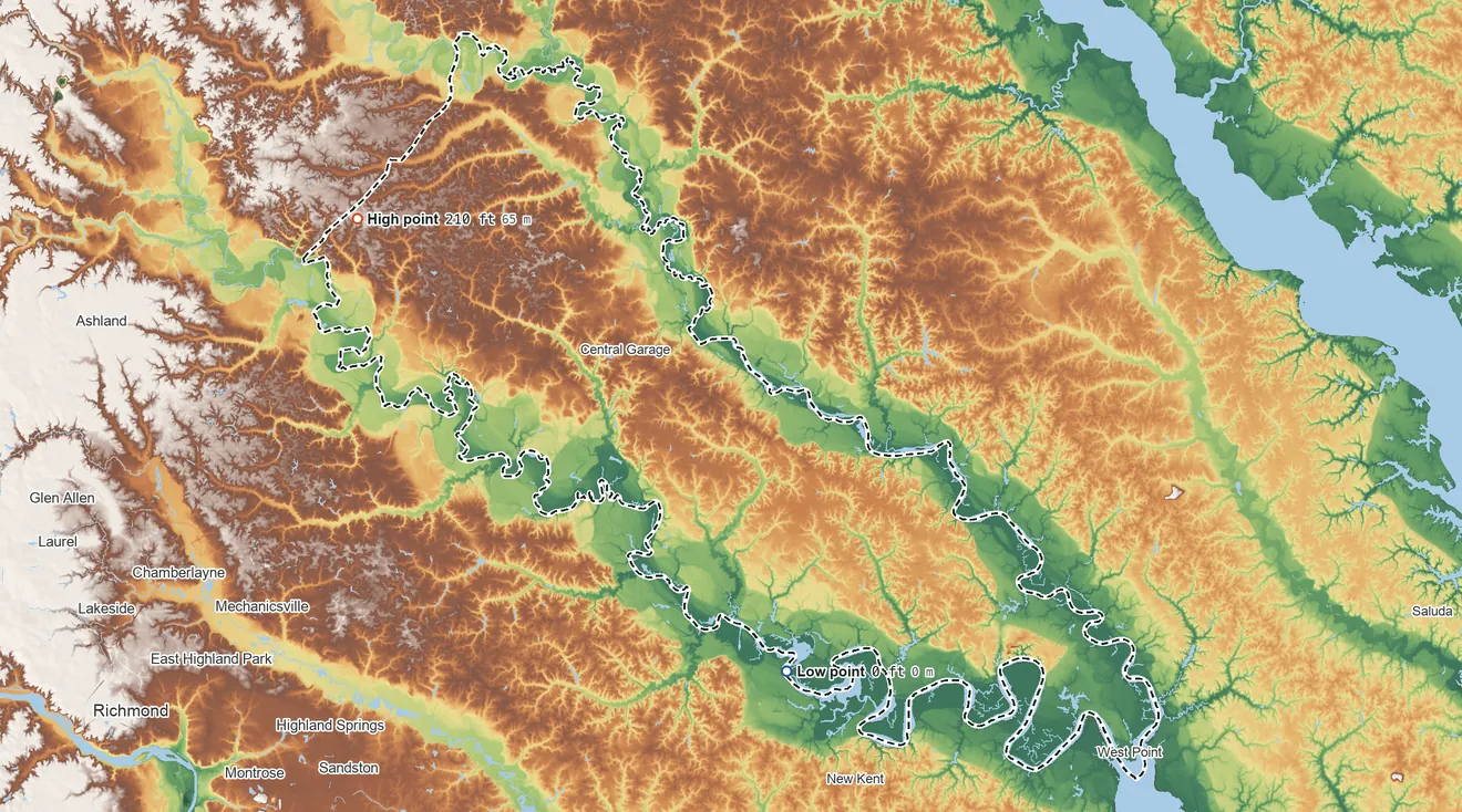 Topographic elevation map of King William County, Virginia, shaded from 0 ft on the south side to 210 ft on the northwest side