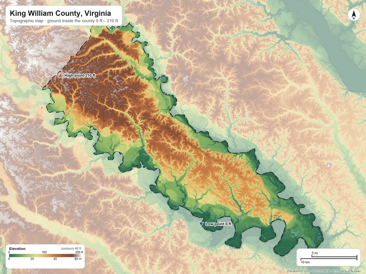 Topographic elevation map of King William County, Virginia, shaded from 0 ft on the south side to 210 ft on the northwest side