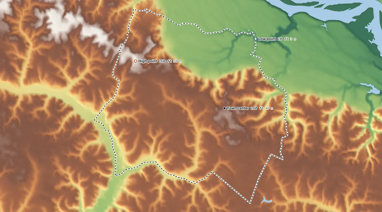 Topographic elevation map of King William, Virginia, shaded from 10 ft on the northeast side to 160 ft on the northwest side