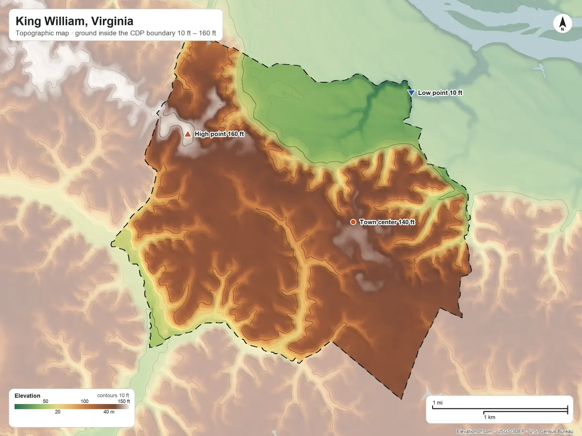Topographic elevation map of King William, Virginia, shaded from 10 ft on the northeast side to 160 ft on the northwest side