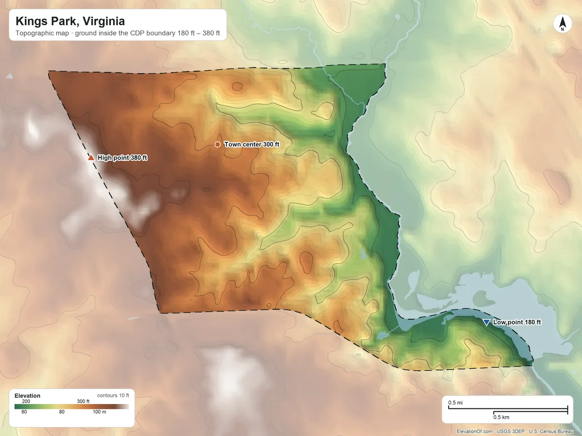 Topographic elevation map of Kings Park, Virginia, shaded from 180 ft on the southeast side to 380 ft on the west side