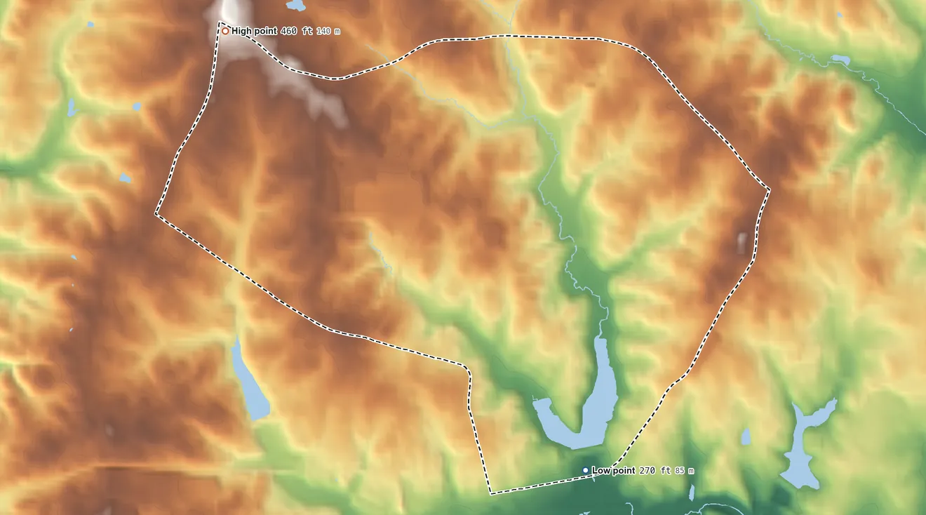 Topographic elevation map of Kings Park West, Virginia, shaded from 270 ft on the southeast side to 460 ft on the northwest side