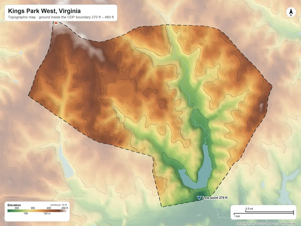 Topographic elevation map of Kings Park West, Virginia, shaded from 270 ft on the southeast side to 460 ft on the northwest side
