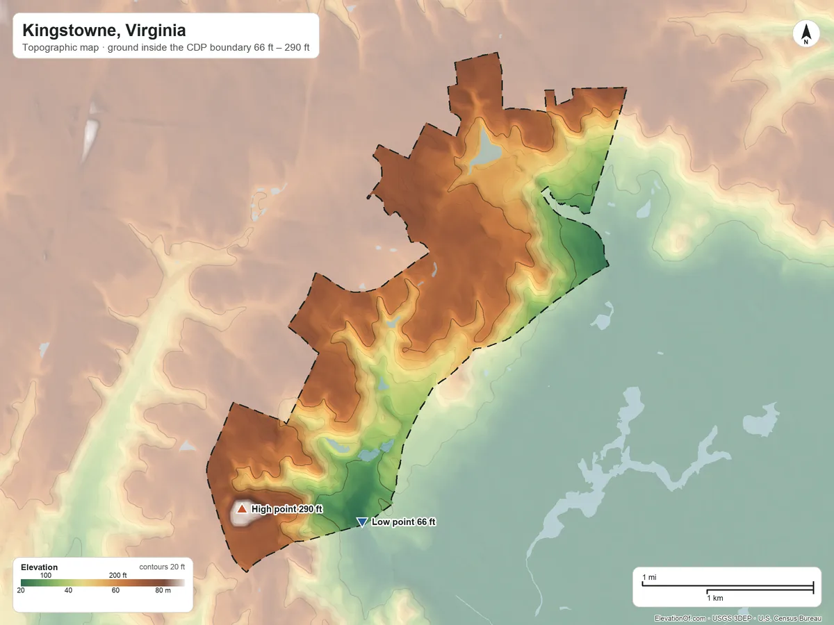 Topographic elevation map of Kingstowne, Virginia, shaded from 66 ft on the south side to 290 ft on the southwest side