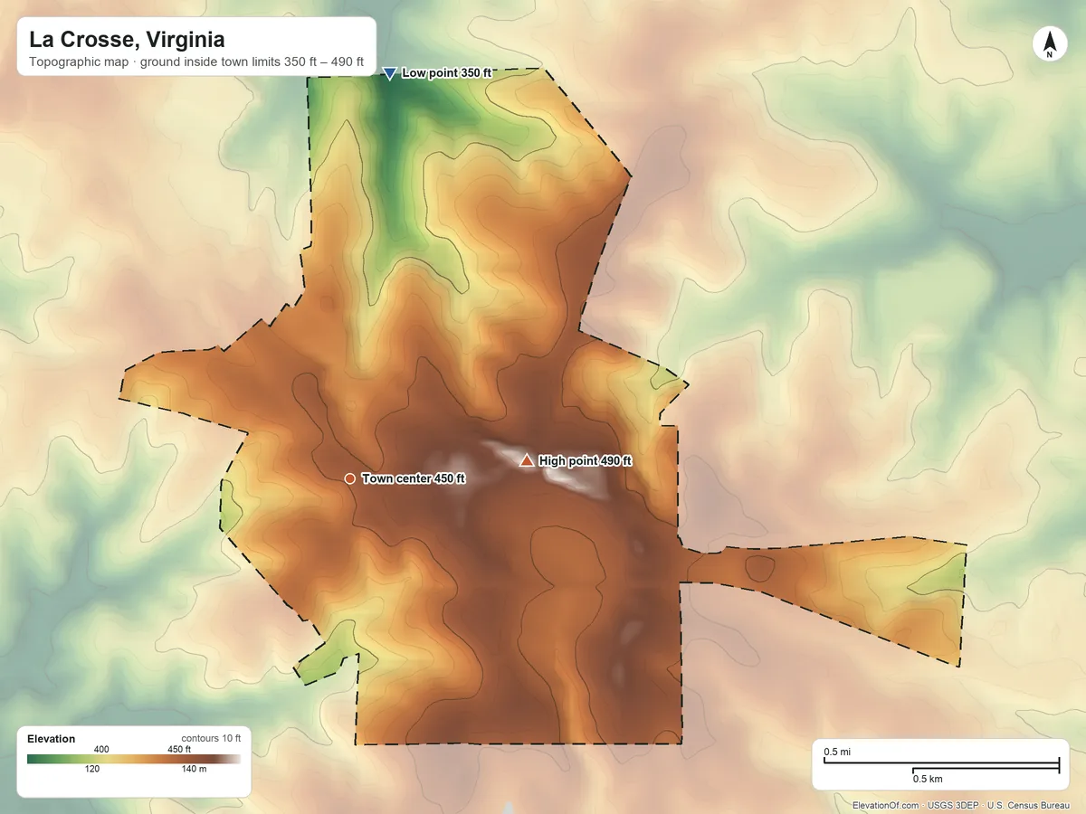 Topographic elevation map of La Crosse, Virginia, shaded from 350 ft on the north side to 490 ft on the east side