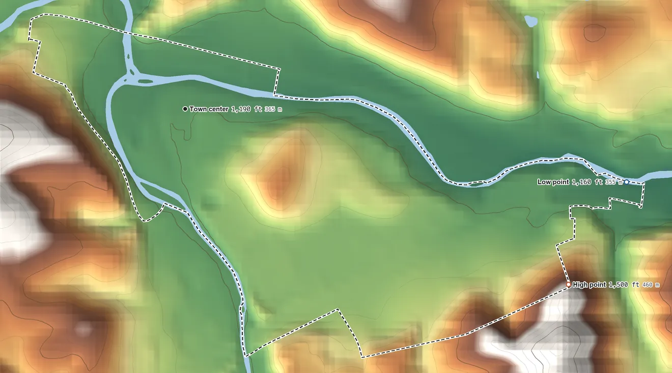 Topographic elevation map of Lafayette, Virginia, shaded from 1,160 ft on the east side to 1,500 ft at the foot of the Pedlar Hills