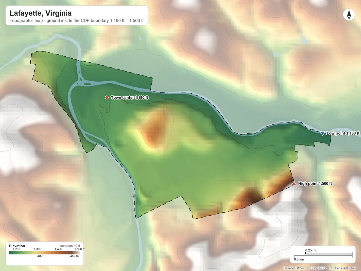 Topographic elevation map of Lafayette, Virginia, shaded from 1,160 ft on the east side to 1,500 ft at the foot of the Pedlar Hills