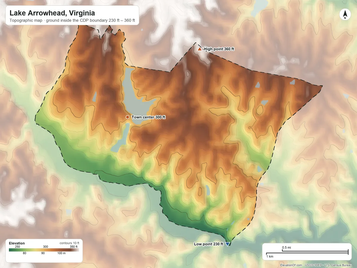 Topographic elevation map of Lake Arrowhead, Virginia, shaded from 230 ft on the southeast side to 360 ft on the northeast side