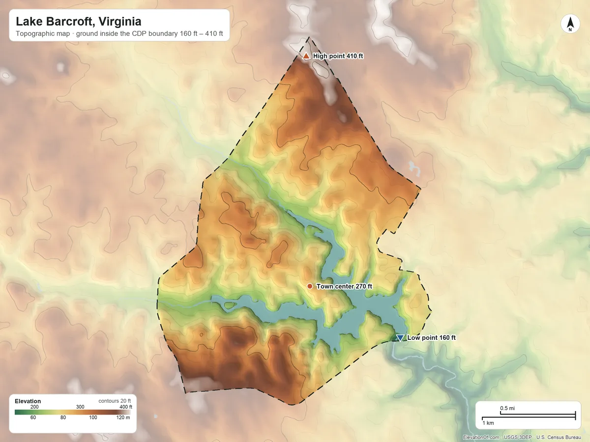 Topographic elevation map of Lake Barcroft, Virginia, shaded from 160 ft on the southeast side to 410 ft on the north side