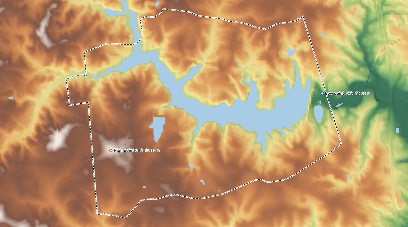 Topographic elevation map of Lake Caroline, Virginia, shaded from 170 ft on the east side to 280 ft on the southwest side
