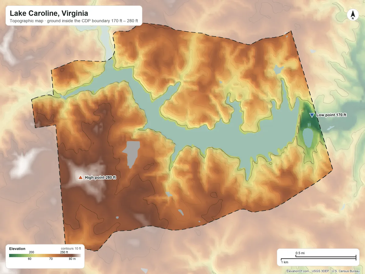 Topographic elevation map of Lake Caroline, Virginia, shaded from 170 ft on the east side to 280 ft on the southwest side