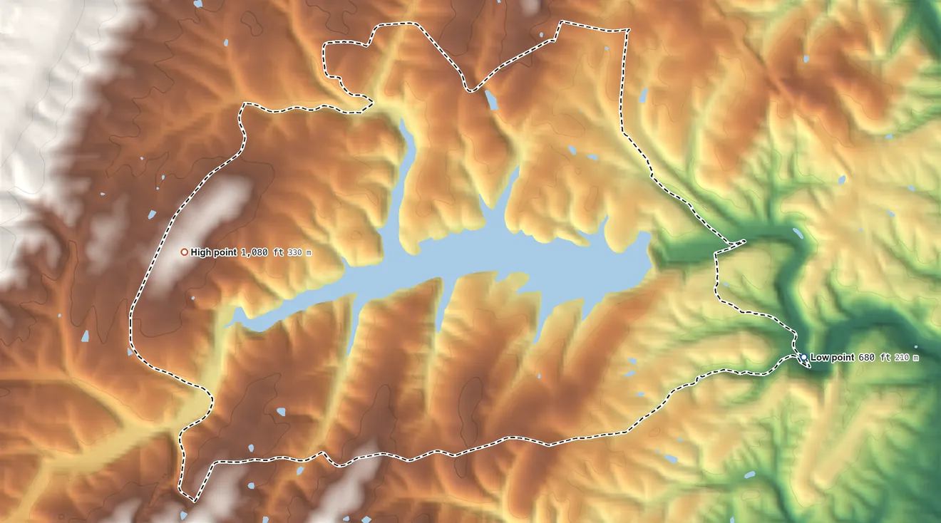 Topographic elevation map of Lake Holiday, Virginia, shaded from 680 ft on the southeast side to 1,080 ft on the west side