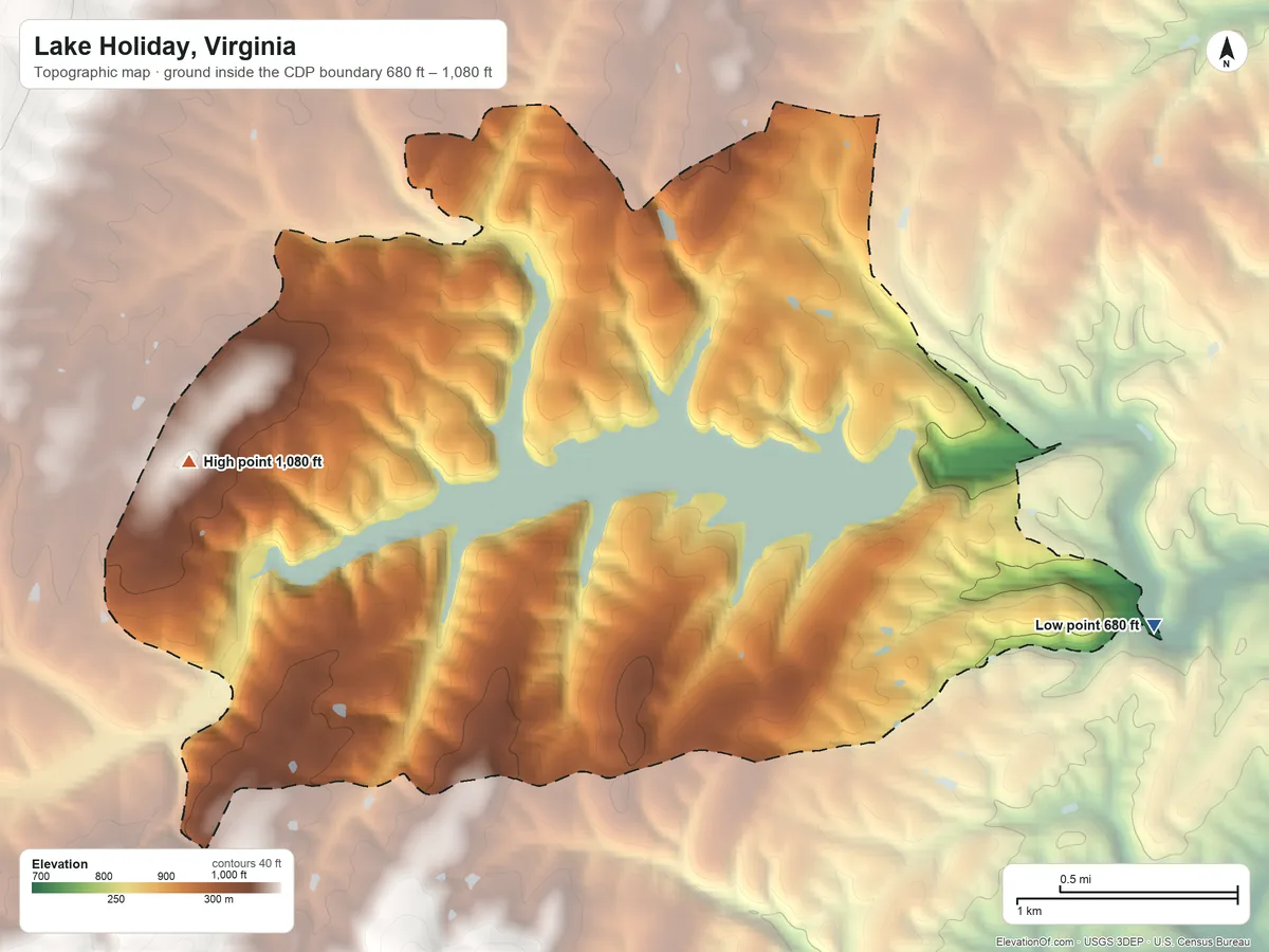 Topographic elevation map of Lake Holiday, Virginia, shaded from 680 ft on the southeast side to 1,080 ft on the west side