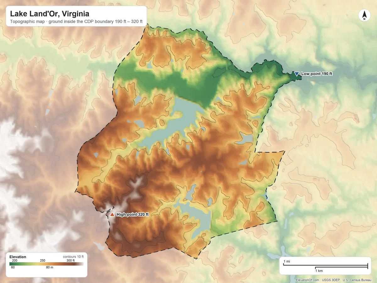Topographic elevation map of Lake Land'Or, Virginia, shaded from 190 ft on the northeast side to 320 ft on the southwest side