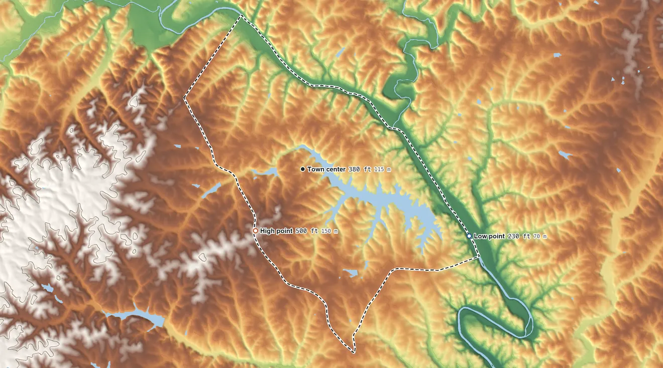 Topographic elevation map of Lake Monticello, Virginia, shaded from 230 ft on the east side to 500 ft on the southwest side