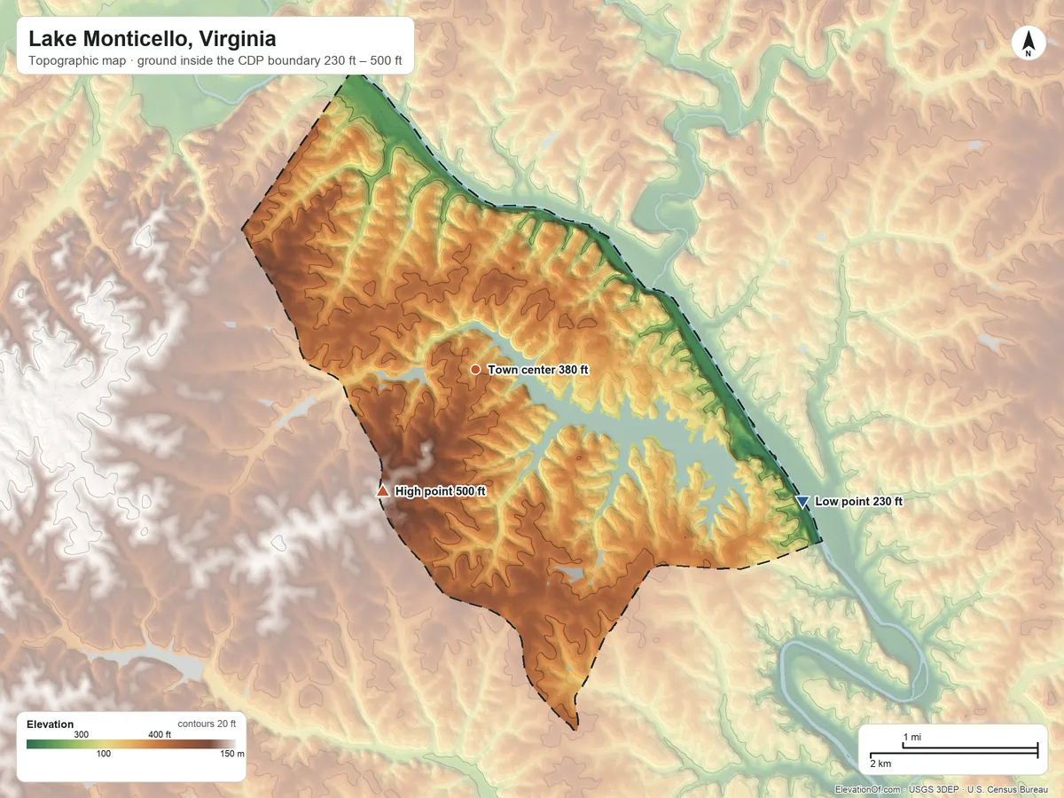 Topographic elevation map of Lake Monticello, Virginia, shaded from 230 ft on the east side to 500 ft on the southwest side
