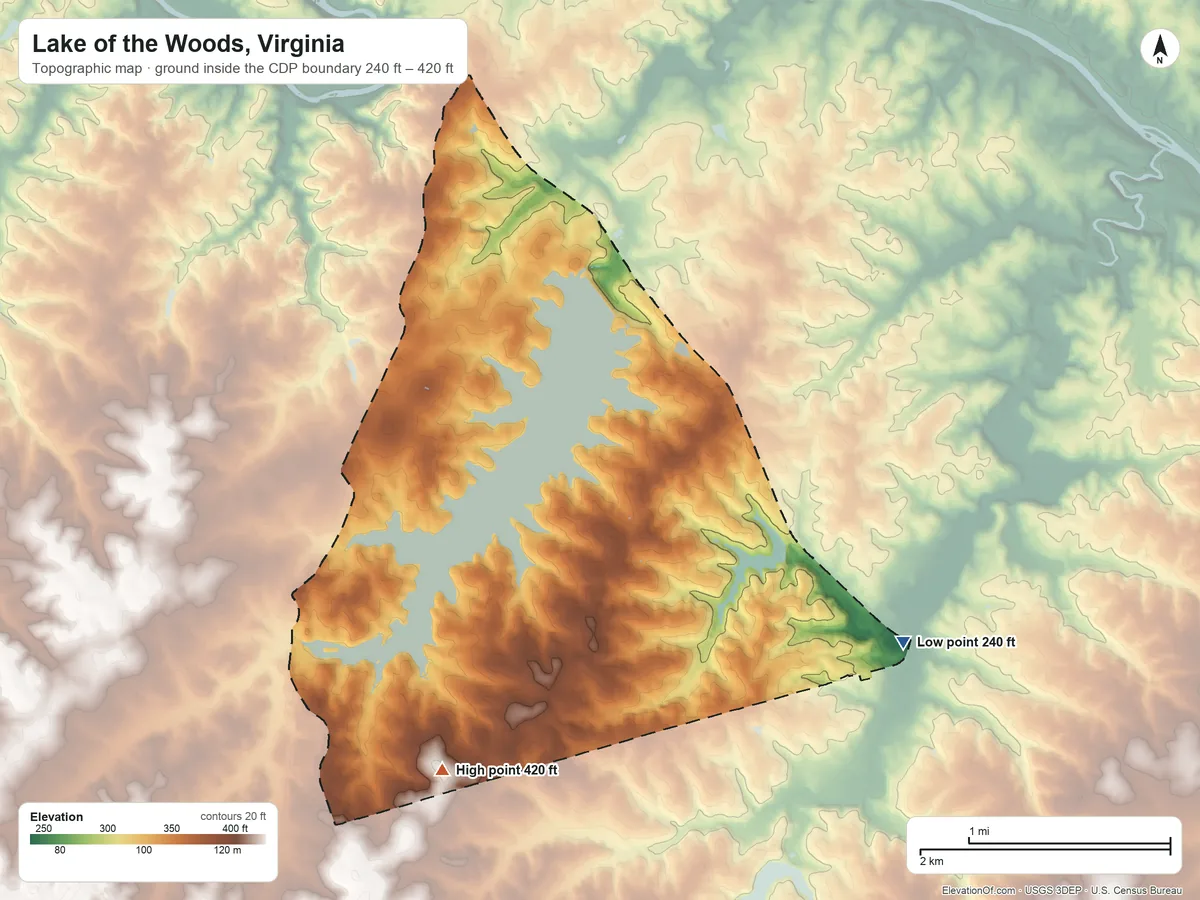 Topographic elevation map of Lake of the Woods, Virginia, shaded from 240 ft on the east side to 420 ft on the southwest side