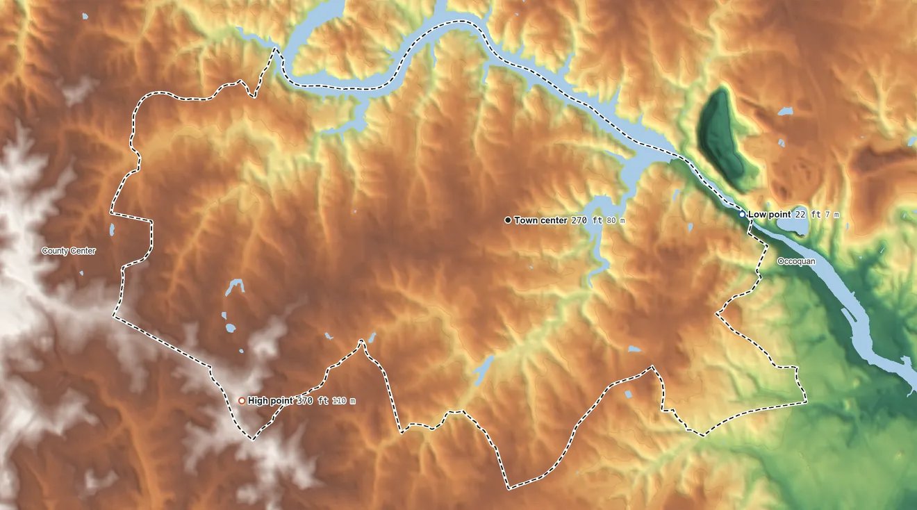 Topographic elevation map of Lake Ridge, Virginia, shaded from 22 ft on the east side to 370 ft on the southwest side