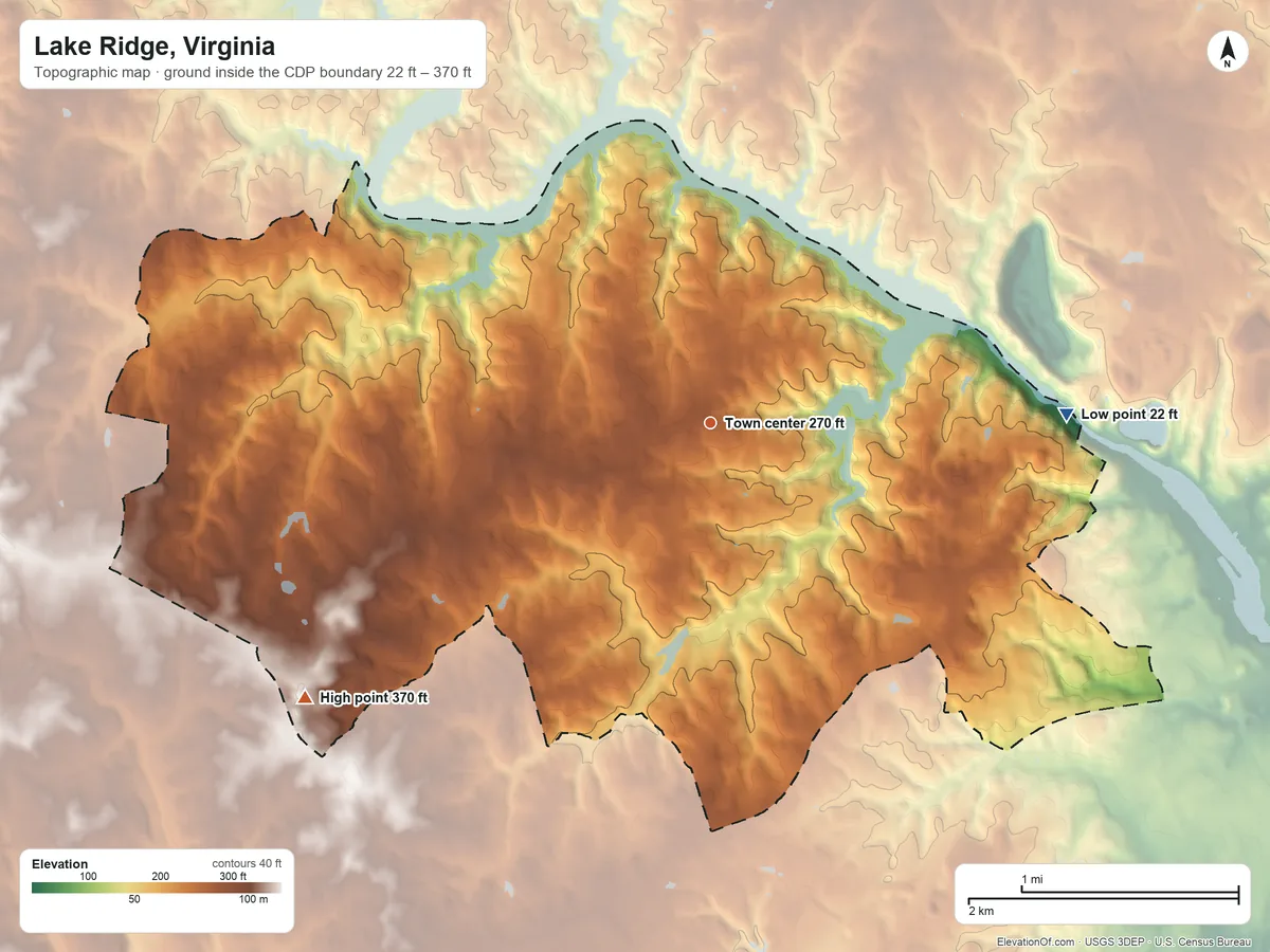 Topographic elevation map of Lake Ridge, Virginia, shaded from 22 ft on the east side to 370 ft on the southwest side
