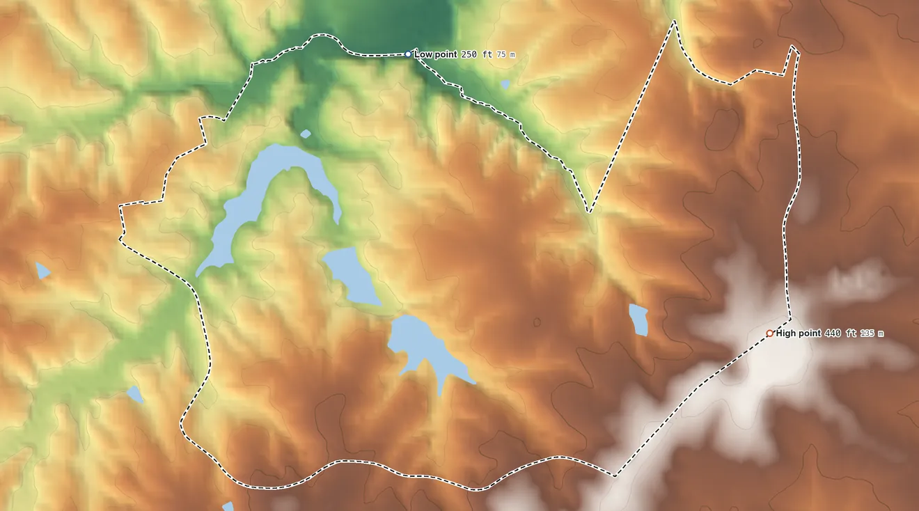 Topographic elevation map of Lake Wilderness, Virginia, shaded from 250 ft on the northwest side to 440 ft on the southeast side