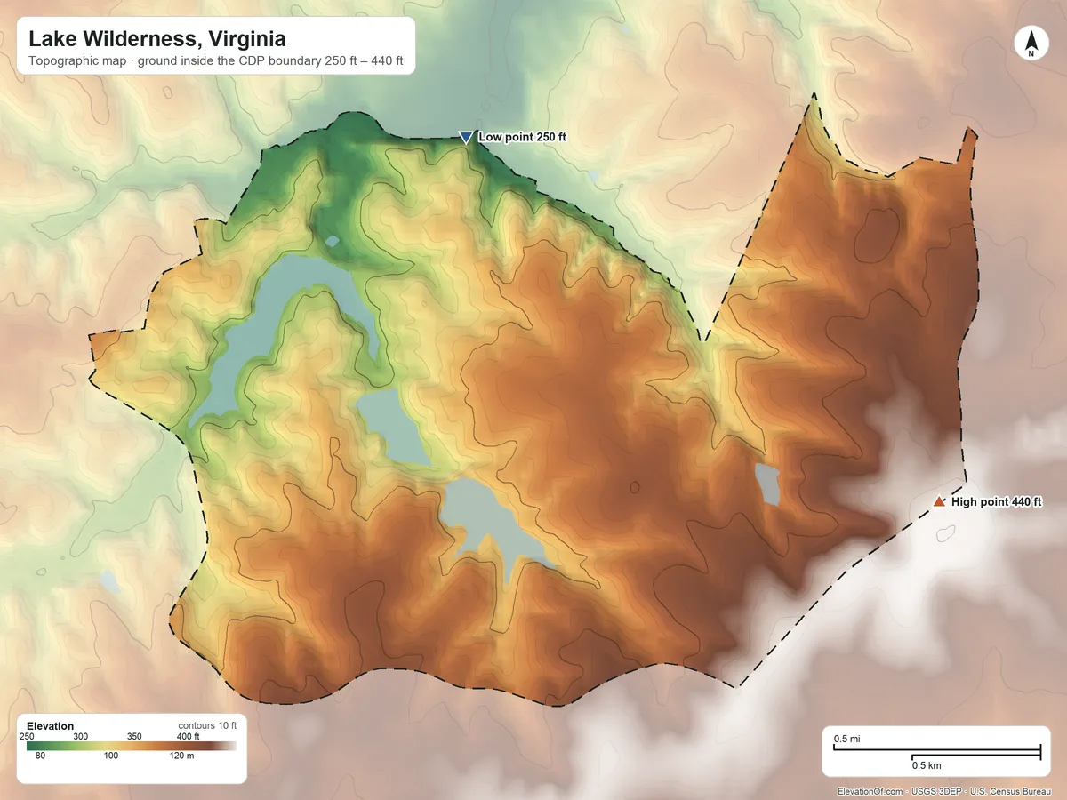 Topographic elevation map of Lake Wilderness, Virginia, shaded from 250 ft on the northwest side to 440 ft on the southeast side