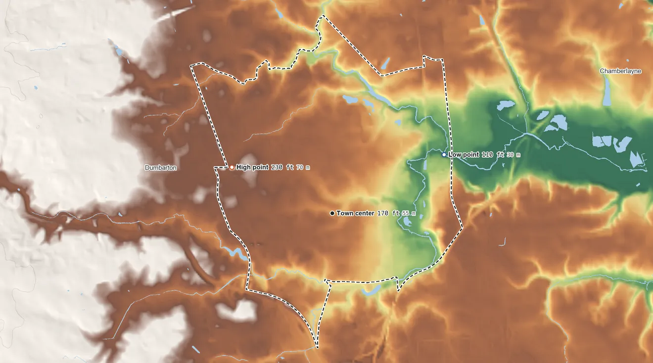 Topographic elevation map of Lakeside, Virginia, shaded from 110 ft on the northeast side to 230 ft on the northwest side