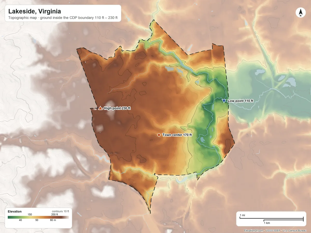 Topographic elevation map of Lakeside, Virginia, shaded from 110 ft on the northeast side to 230 ft on the northwest side