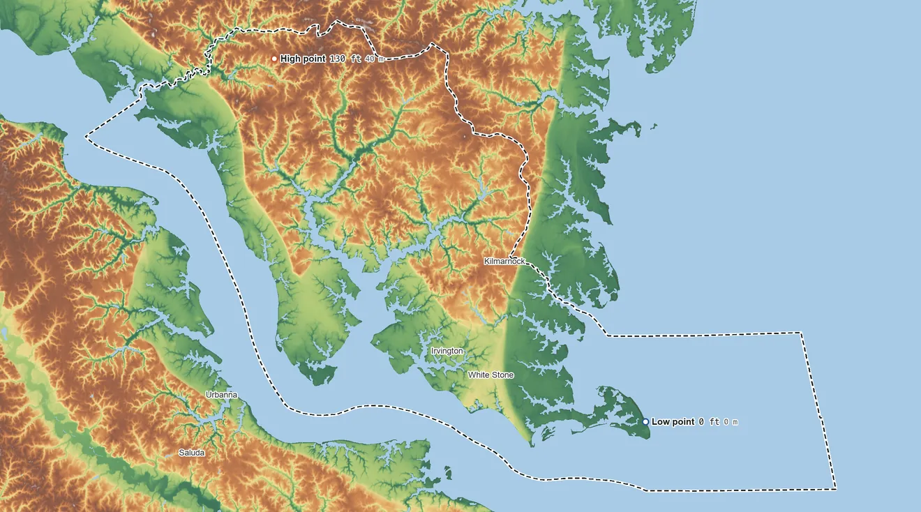 Topographic elevation map of Lancaster County, Virginia, shaded from sea level on Chesapeake Bay to 130 ft on the northwest side