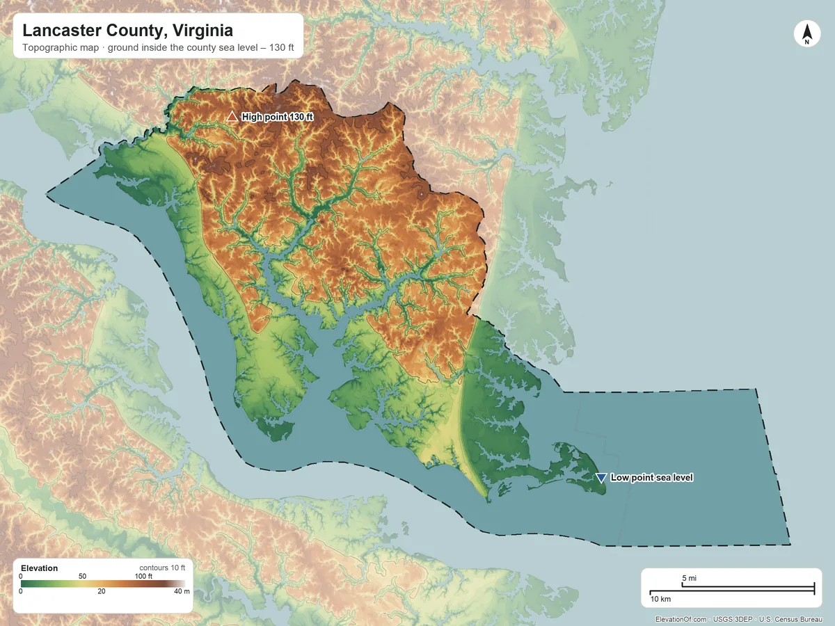 Topographic elevation map of Lancaster County, Virginia, shaded from sea level on Chesapeake Bay to 130 ft on the northwest side