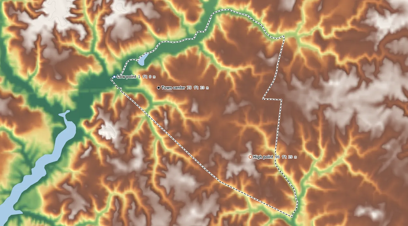 Topographic elevation map of Lancaster, Virginia, shaded from 1 ft on the west side to 96 ft on the southeast side