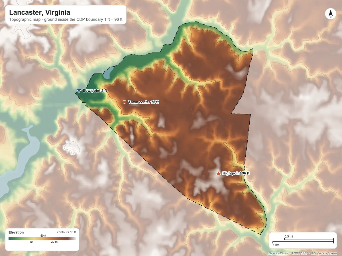 Topographic elevation map of Lancaster, Virginia, shaded from 1 ft on the west side to 96 ft on the southeast side