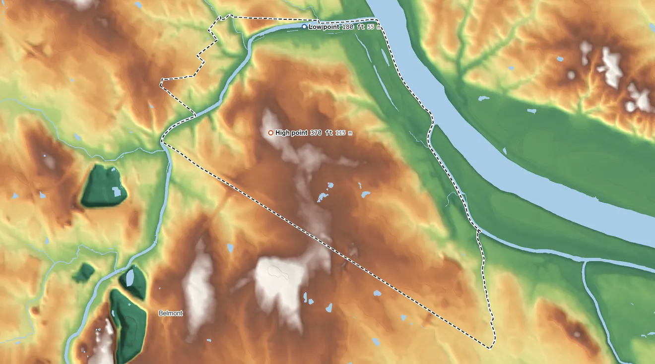 Topographic elevation map of Lansdowne, Virginia, shaded from 180 ft on the north side to 370 ft near the middle