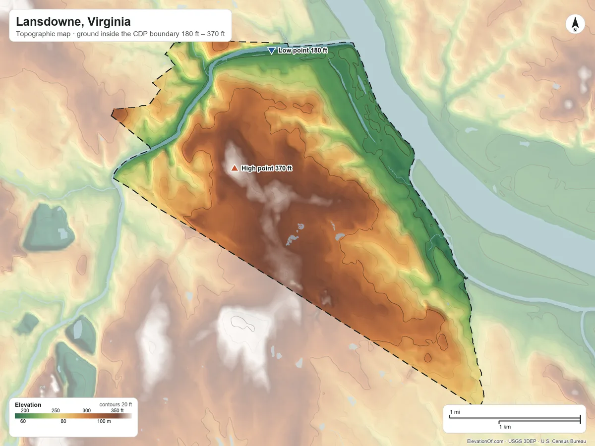 Topographic elevation map of Lansdowne, Virginia, shaded from 180 ft on the north side to 370 ft near the middle