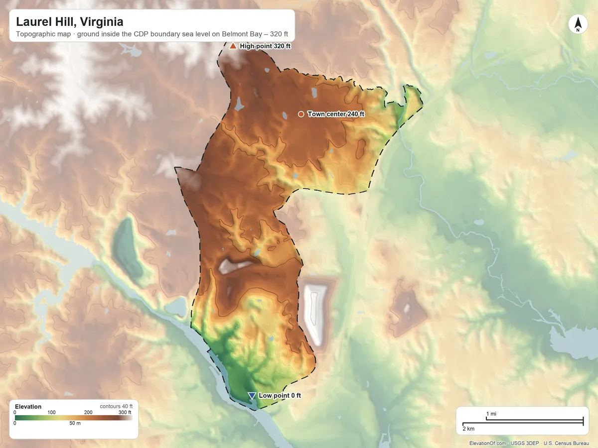 Topographic elevation map of Laurel Hill, Virginia, shaded from sea level level on Belmont Bay to 320 ft on the northwest side