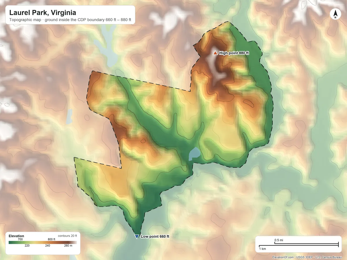 Topographic elevation map of Laurel Park, Virginia, shaded from 660 ft on the south side to 880 ft on the northeast side
