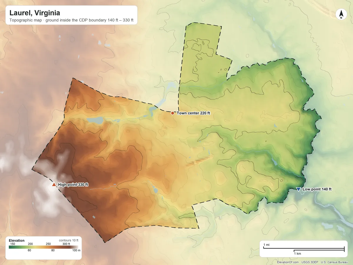 Topographic elevation map of Laurel, Virginia, shaded from 140 ft on the southeast side to 330 ft on the southwest side