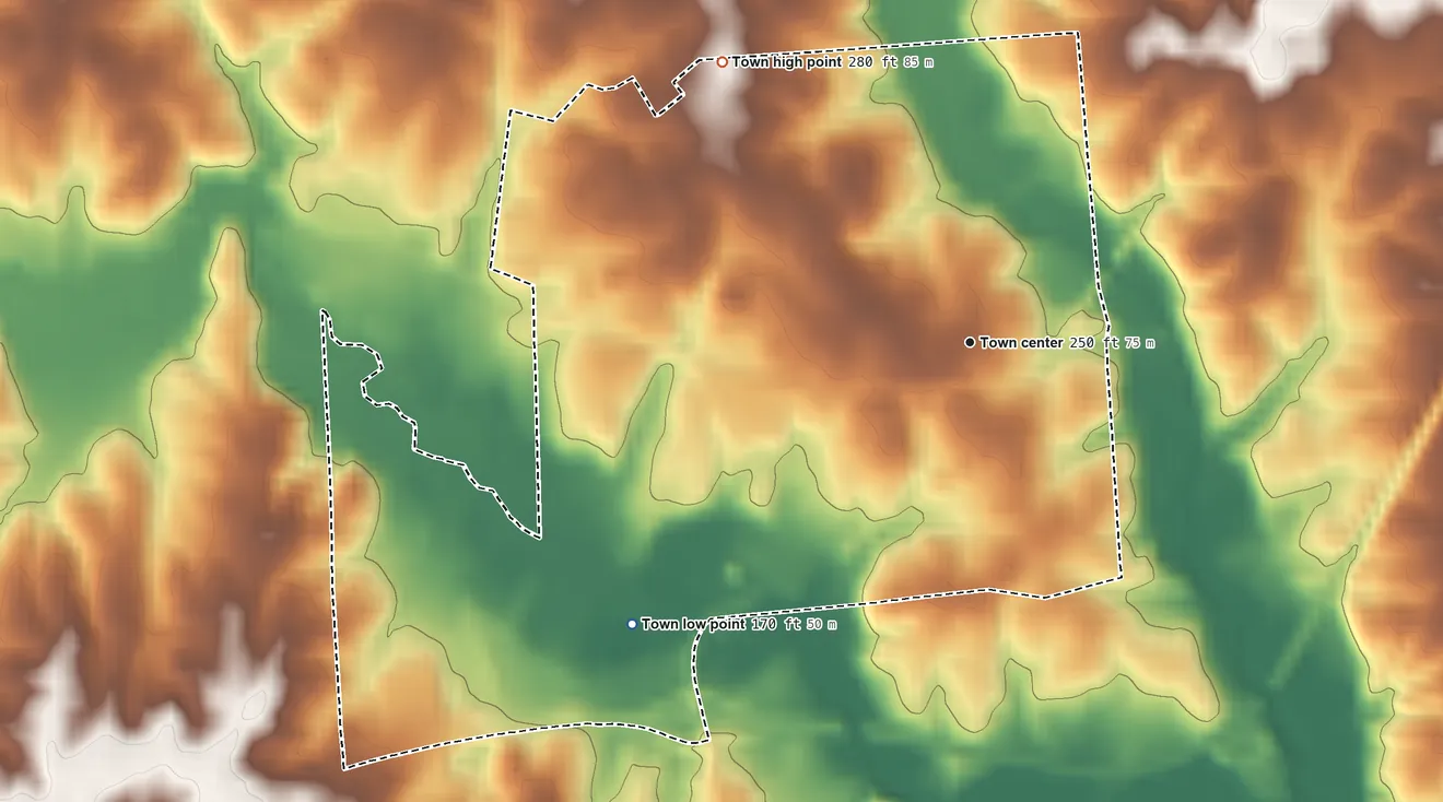 Topographic elevation map of Lawrenceville, Virginia, shaded from 170 ft on the southwest side to 280 ft on the northwest side