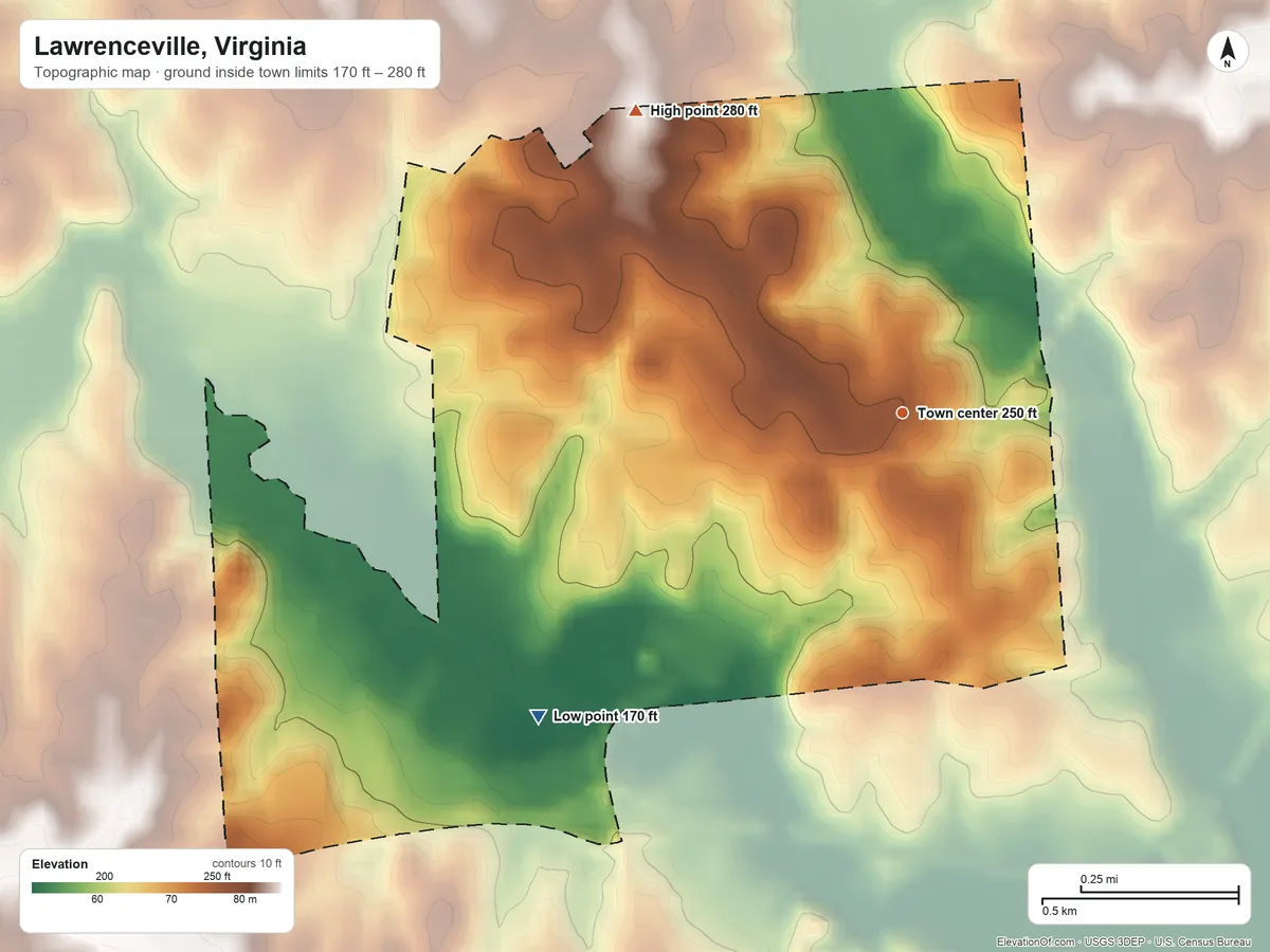 Topographic elevation map of Lawrenceville, Virginia, shaded from 170 ft on the southwest side to 280 ft on the northwest side