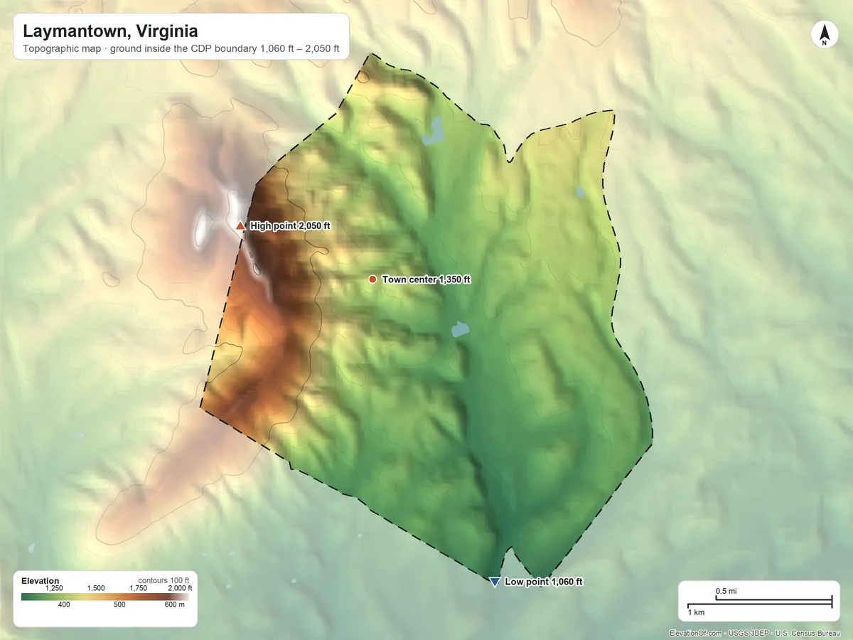 Topographic elevation map of Laymantown, Virginia, shaded from 1,060 ft on the south side to 2,050 ft on the west edge, below higher ground just outside