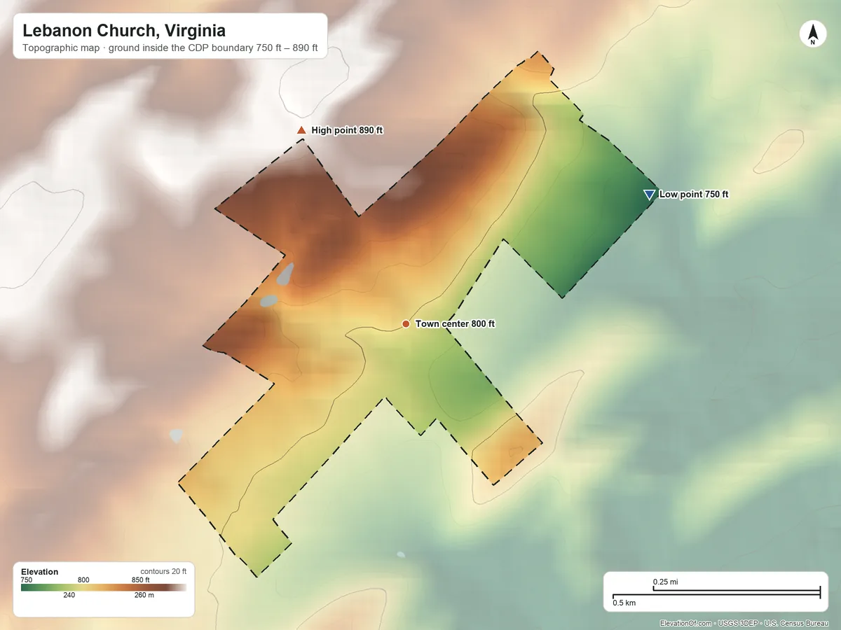 Topographic elevation map of Lebanon Church, Virginia, shaded from 750 ft on the northeast side to 890 ft at the foot of the Little North Mountain