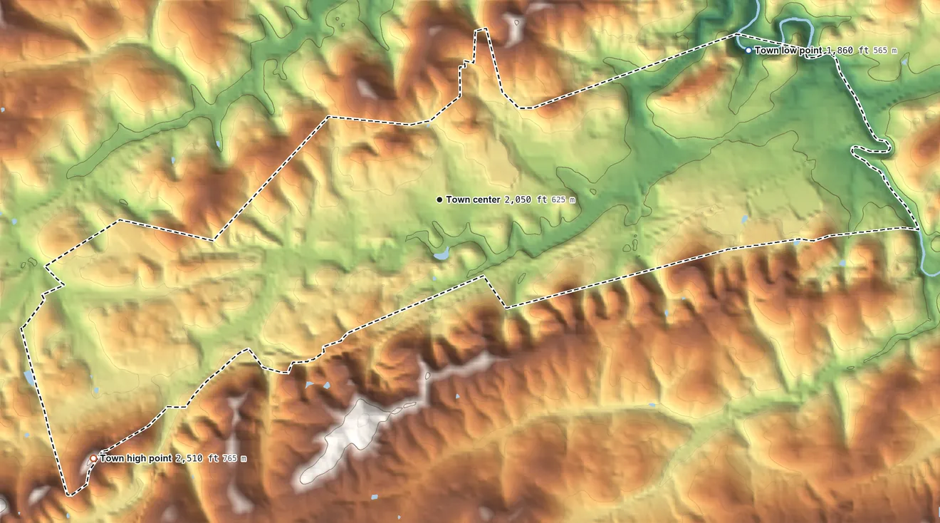 Topographic elevation map of Lebanon, Virginia, shaded from 1,860 ft on the northeast side to 2,510 ft on the southwest side