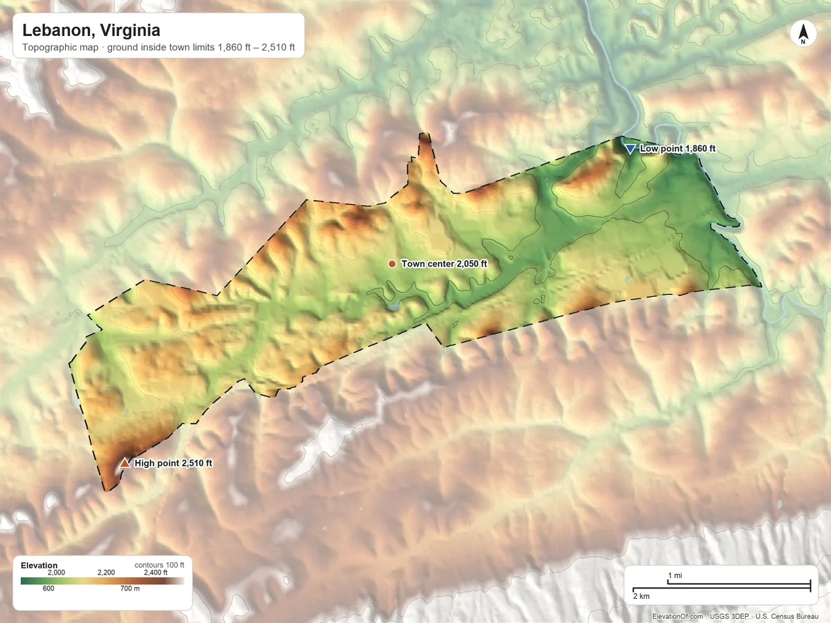 Topographic elevation map of Lebanon, Virginia, shaded from 1,860 ft on the northeast side to 2,510 ft on the southwest side
