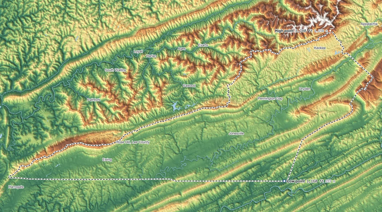 Topographic elevation map of Lee County, Virginia, shaded from 1,160 ft on the southeast side to 3,780 ft on the northeast side