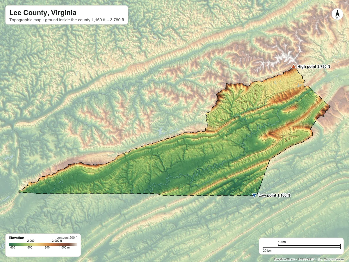 Topographic elevation map of Lee County, Virginia, shaded from 1,160 ft on the southeast side to 3,780 ft on the northeast side
