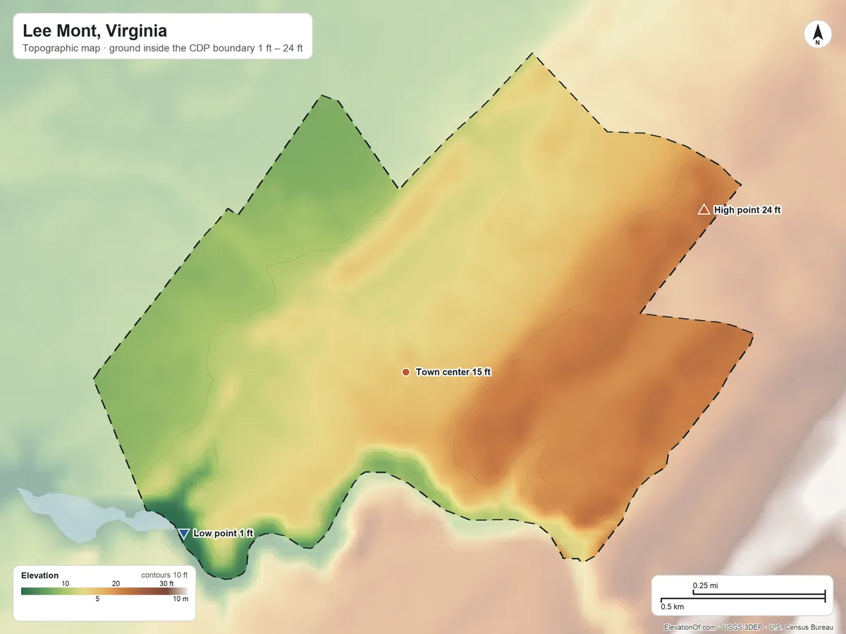 Topographic elevation map of Lee Mont, Virginia, shaded from 1 ft on the southwest side to 24 ft on the northeast side
