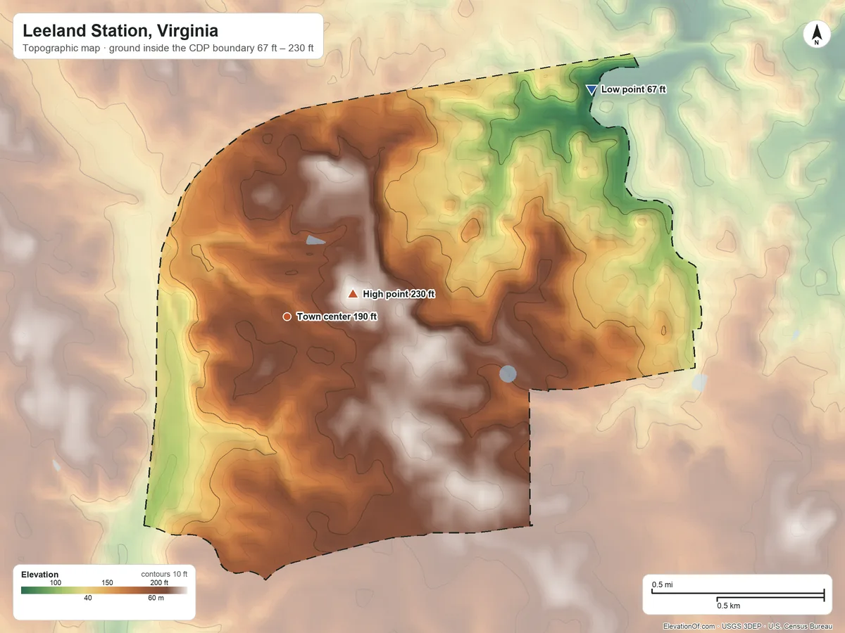 Topographic elevation map of Leeland Station, Virginia, shaded from 67 ft on the northeast side to 230 ft near the middle
